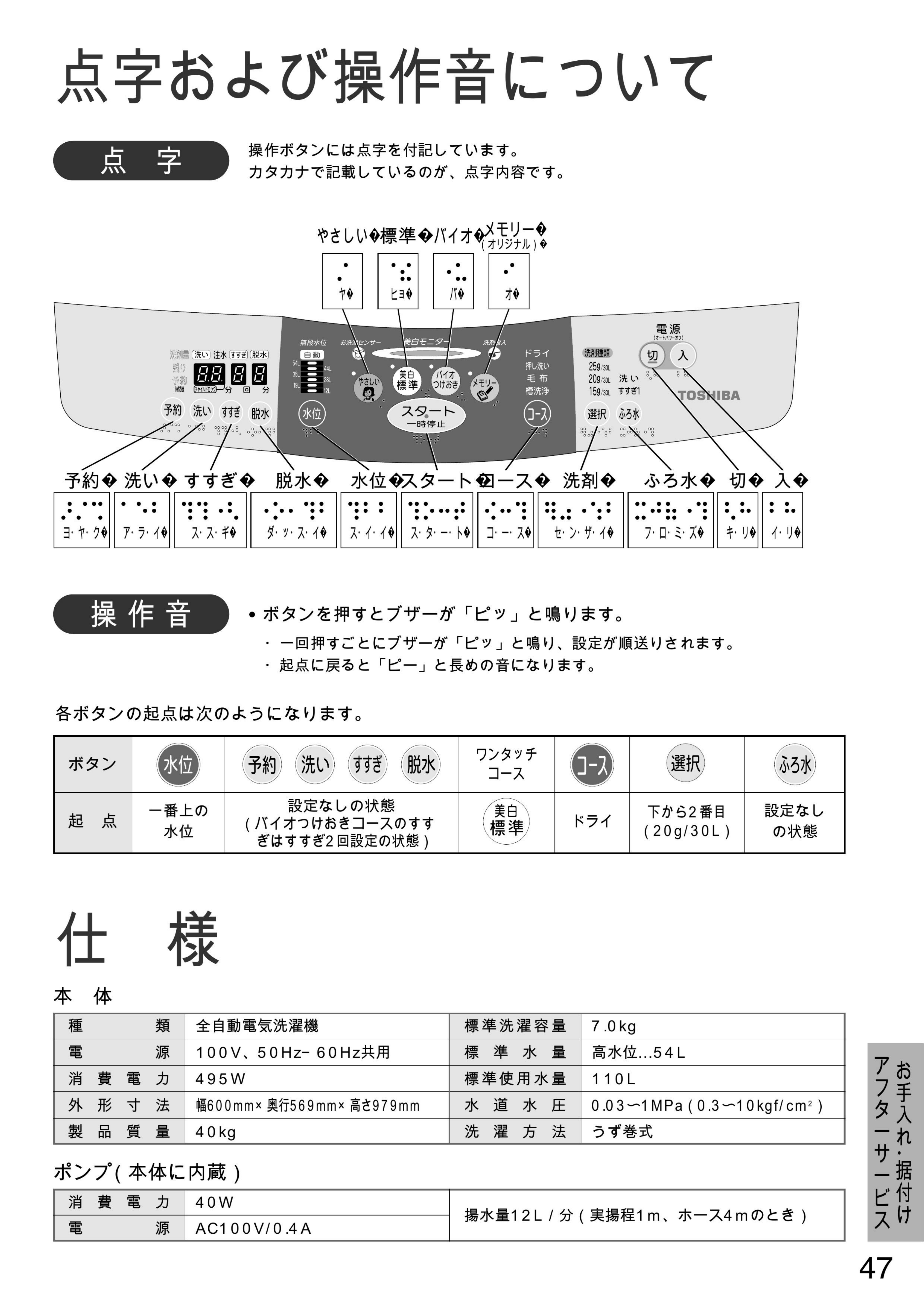 説明書 東芝 AW-F70HVP 洗濯機 - ページ 47