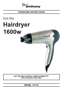 Manual Paul Anthony H1316 Eco Dry Hair Dryer
