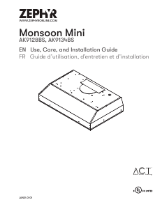 Mode d’emploi Zephyr AK9134BS Monsoon Mini Hotte aspirante