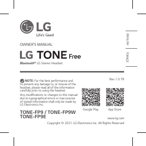 Kullanım kılavuzu LG TONE-FP9W Kulaklık