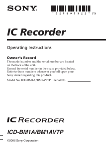 Manual Sony ICD-BM1A Audio Recorder