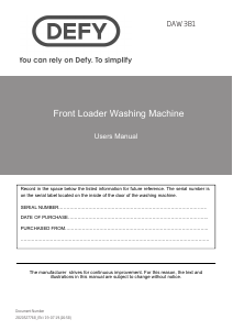 Manual Defy DAW381 Washing Machine