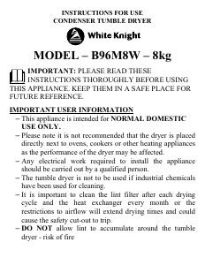 Bruksanvisning White Knight B96M8W Torktumlare
