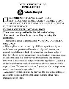 Bruksanvisning White Knight C44A7W Torktumlare