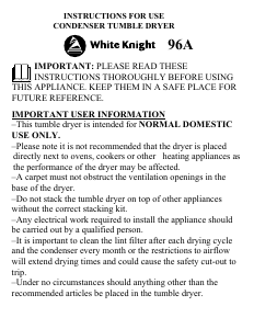 Bruksanvisning White Knight C96AW Torktumlare