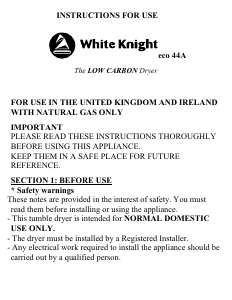 Bruksanvisning White Knight ECO44A Torktumlare