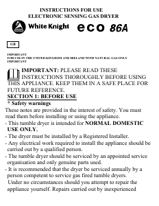 Bruksanvisning White Knight ECO86A Torktumlare