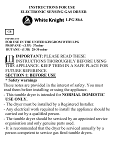 Handleiding White Knight ECO86A LPG Wasdroger