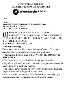 Bruksanvisning White Knight ECO86A LPG Torktumlare
