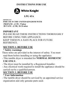 Manual White Knight LPG43A Dryer