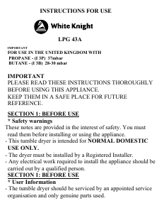 Bruksanvisning White Knight LPG43A Torktumlare