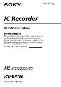 Manual Sony ICD-BP150 Audio Recorder