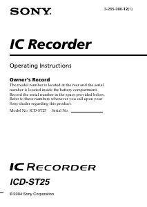 Manual Sony ICD-ST25 Audio Recorder