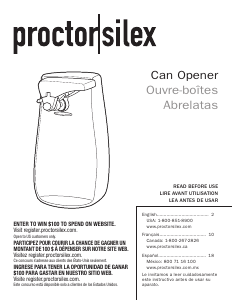 Mode d’emploi Proctor Silex 75217G Ouvre-boîte