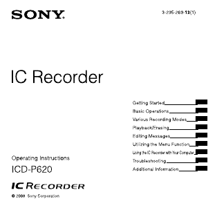 Manual Sony ICD-P620 Audio Recorder