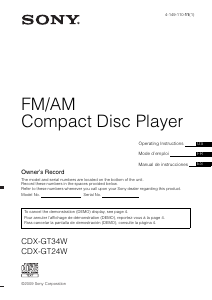 Mode d’emploi Sony CDX-GT24W Autoradio