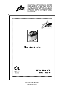 Mode d’emploi Team BBA 208 Machine à pain