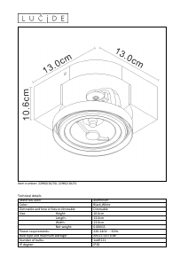 Bruksanvisning Lucide 22960/10/30 Versum ar111 Lampa