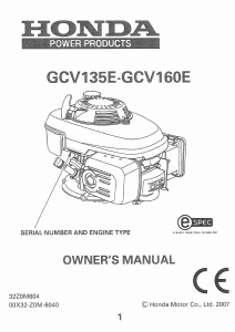 Bruksanvisning Honda GCV160E Motor