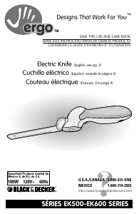Mode d’emploi Black and Decker EK600 Couteau électrique