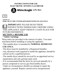 Bruksanvisning White Knight LPG86A Torktumlare