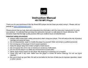 Mode d’emploi Hipstreet HS-750 Lecteur Mp3