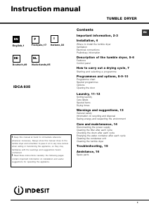 Manuale Indesit IDCA 835 B (EU) Asciugatrice