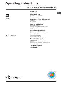 Handleiding Indesit PBAA 33 NF (UK) Koel-vries combinatie