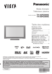 Mode d’emploi Panasonic TH-50PZ800E Viera Téléviseur plasma