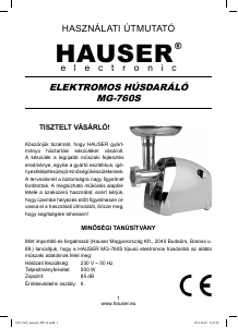 Manuál Hauser MG-760S Mlýnek na maso