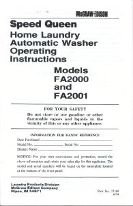 Manual Speed Queen FA2001 Washing Machine
