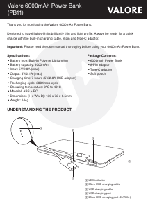 Manual Valore PB011 Portable Charger