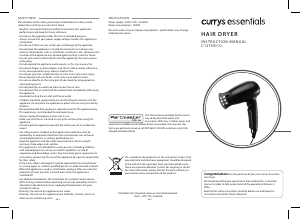 Bruksanvisning Currys Essentials C12THD10 Hårtork