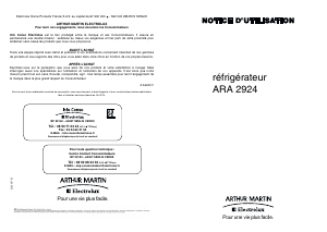 Mode d’emploi Arthur Martin-Electrolux ARA2924 Réfrigérateur
