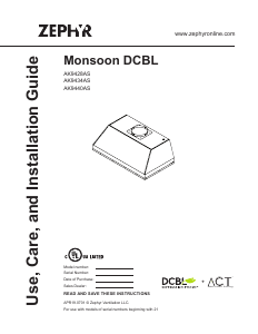 Handleiding Zephyr AK9440AS Monsoon DCBL Afzuigkap