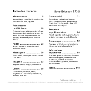 Mode d’emploi Sony Ericsson Z710i Téléphone portable