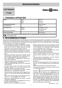 Bruksanvisning ElektroHelios TT8022 Tvättmaskin