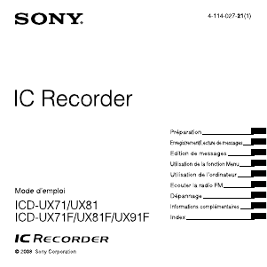 Mode d’emploi Sony ICD-UX91 Enregistreur numérique
