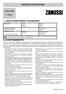 Mode d’emploi Zanussi T1024V Lave-linge