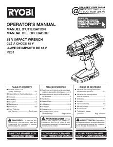 Manual de uso Ryobi P261 Llave de impacto