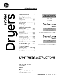 Mode d’emploi GE DPVH880GJ3MV Sèche-linge