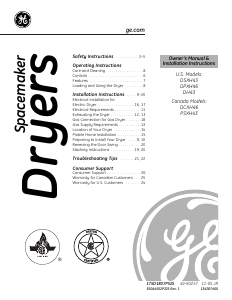 Mode d’emploi GE DPXH46EA0CC Sèche-linge