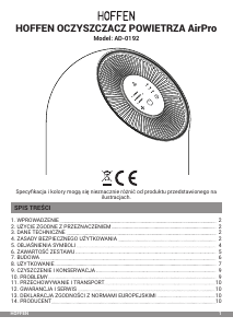 Instrukcja Hoffen AD-0192 Oczyszczacz powietrza