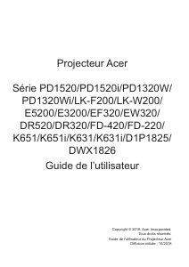 Mode d’emploi Acer PD1320Wi Projecteur