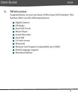 Manual Micromax X254 Mobile Phone