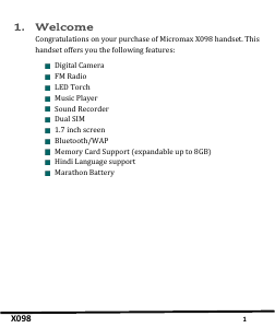Manual Micromax X098 Mobile Phone